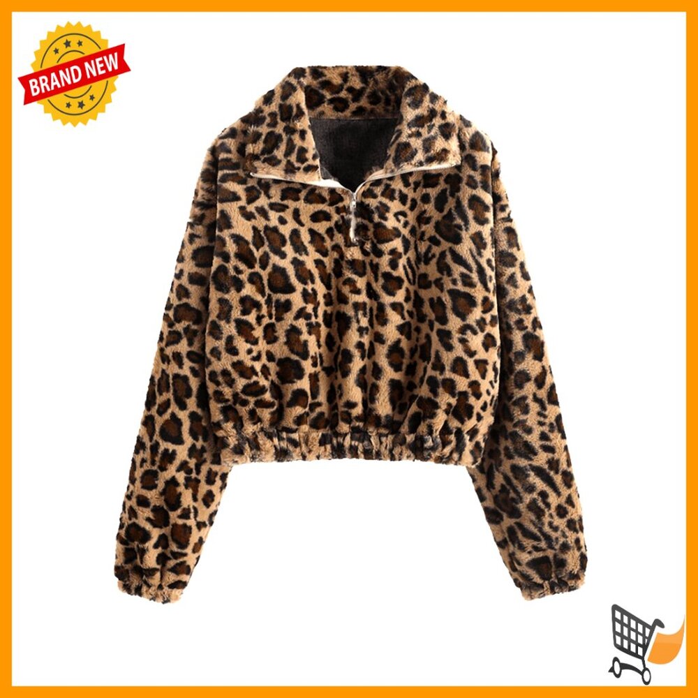 Long Sleeve Lapel Half Zip Faux Fur Sweatshirt Crop Pullover Casual Y2k